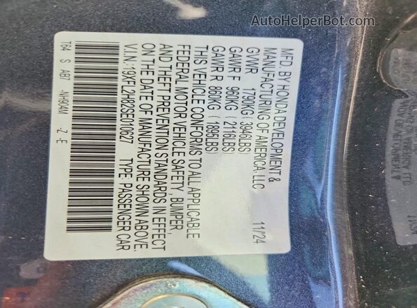 19XFL2H82SE010627 2025 HONDA CIVIC Black Widok naklejki z numerem VIN