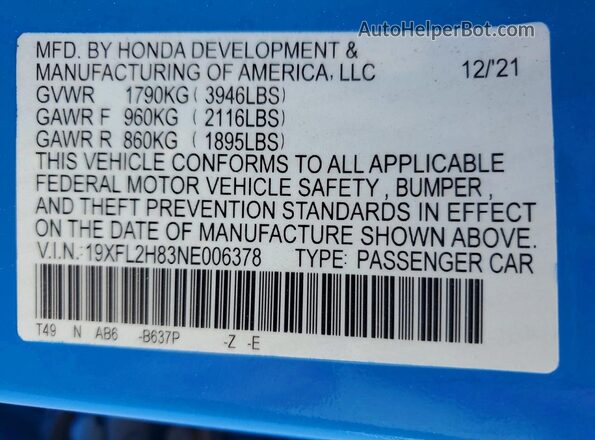 19XFL2H83NE006378 2022 HONDA CIVIC Blue ძრავის განყოფილების ხედი