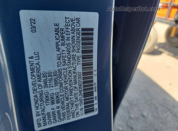 19XFL2H83NE013007 2022 HONDA CIVIC Серый Вид наклейки с VIN-кодом