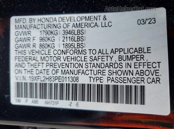 19XFL2H83PE011308 2023 HONDA CIVIC Black Engine compartment view