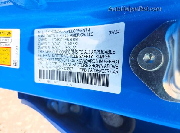 19XFL2H83RE024997 2024 HONDA CIVIC Blue Engine compartment view