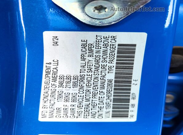 19XFL2H83RE028046 2024 HONDA CIVIC Blue Vista del compartimento del motor