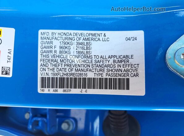 19XFL2H83RE028516 2024 HONDA CIVIC Blue Շարժիչի բաժամունքի տեսք