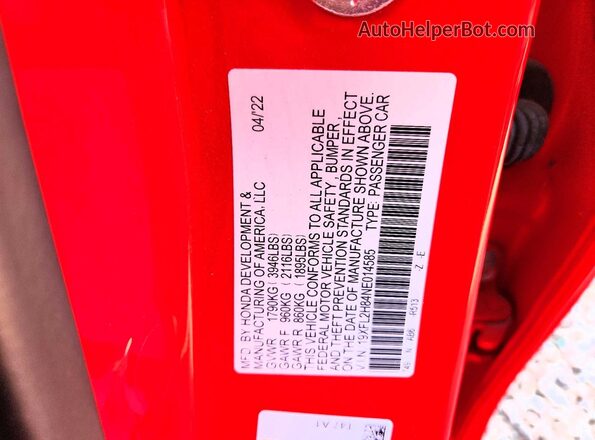 19XFL2H84NE014585 2022 HONDA CIVIC Red Вид підкапотного простору