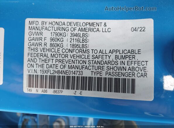 19XFL2H84NE014733 2022 HONDA CIVIC Blue Widok komory silnika