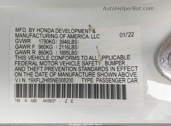19XFL2H85NE008200 2022 HONDA CIVIC White Vista del compartimento del motor