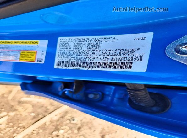 19XFL2H85NE018306 2022 HONDA CIVIC Blue ძრავის განყოფილების ხედი