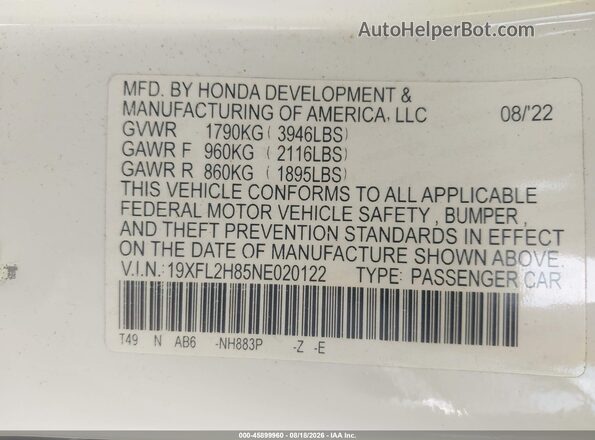19XFL2H85NE020122 2022 HONDA CIVIC White Вид підкапотного простору