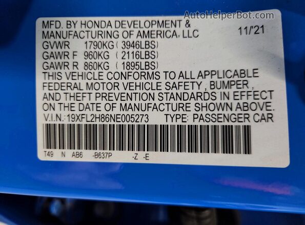 19XFL2H86NE005273 2022 HONDA CIVIC Blue ძრავის განყოფილების ხედი