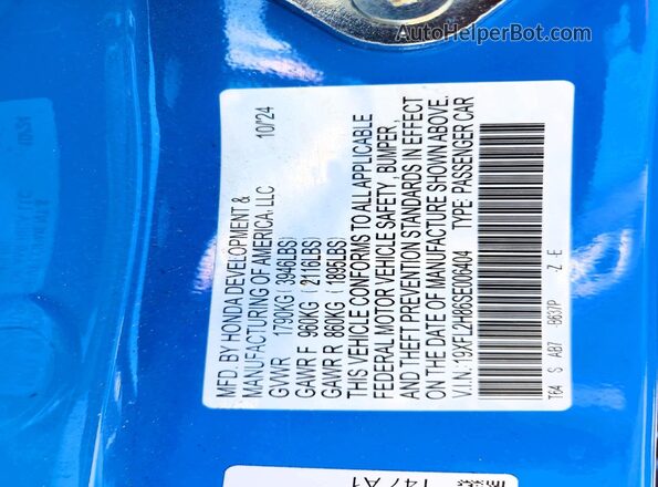 19XFL2H86SE006404 2025 HONDA CIVIC Blue Vista de la etiqueta del VIN