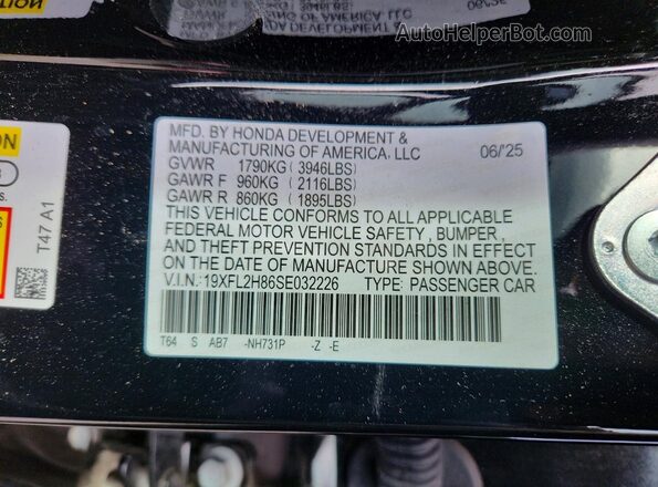 19XFL2H86SE032226 2025 HONDA CIVIC Black Vista de la etiqueta del VIN