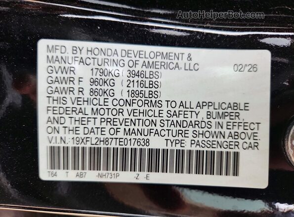 19XFL2H87TE017638 2026 HONDA CIVIC Black Widok naklejki z numerem VIN
