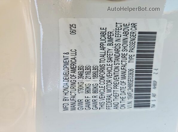 19XFL2H88SE033636 2025 HONDA CIVIC White VIN კოდის სტიკერის ხედი
