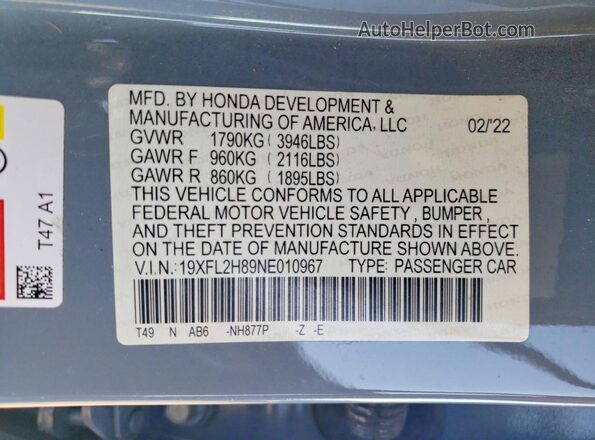 19XFL2H89NE010967 2022 HONDA CIVIC Gray ძრავის განყოფილების ხედი