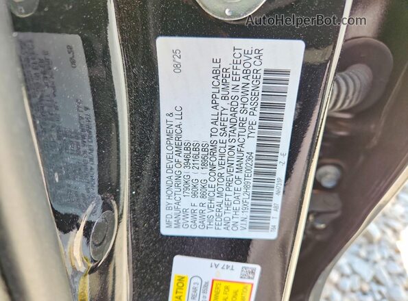19XFL2H89TE002364 2026 HONDA CIVIC Black Շարժիչի բաժամունքի տեսք
