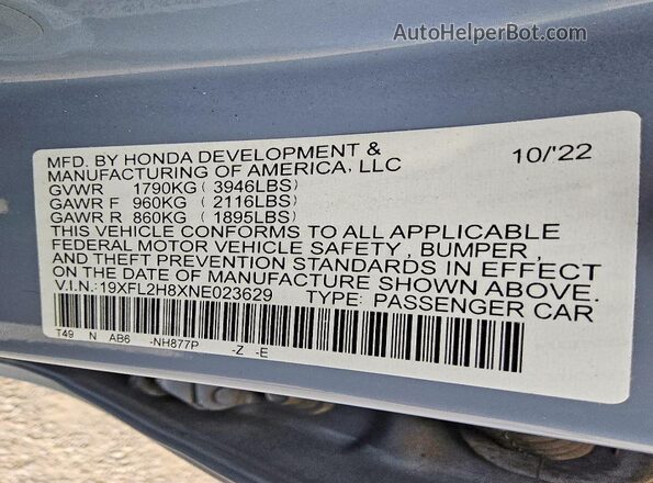 19XFL2H8XNE023629 2022 HONDA CIVIC Gray Widok komory silnika
