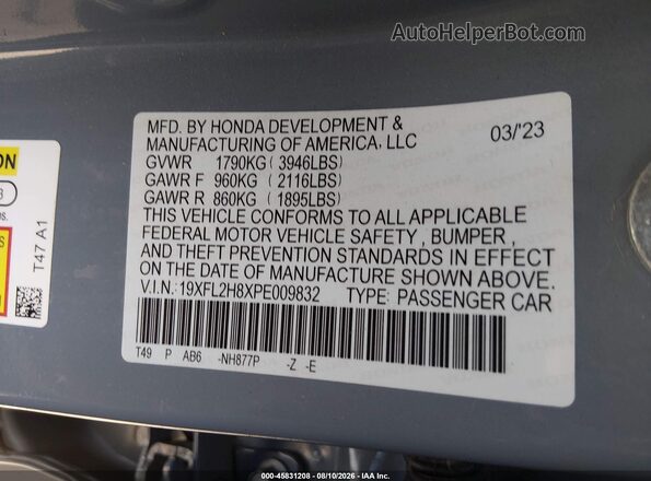 19XFL2H8XPE009832 2023 HONDA CIVIC Blue Vista del compartimento del motor