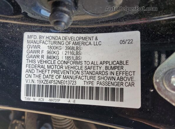 19XZE4F52NE013723 2022 HONDA INSIGHT Black Widok komory silnika