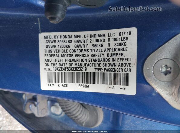 19XZE4F53KE023219 2019 HONDA INSIGHT Blue Vista del compartimento del motor