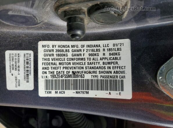 19XZE4F55ME009163 2021 HONDA INSIGHT Gray Շարժիչի բաժամունքի տեսք