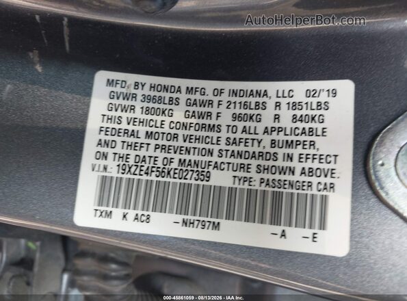 19XZE4F56KE027359 2019 HONDA INSIGHT Gray Շարժիչի բաժամունքի տեսք