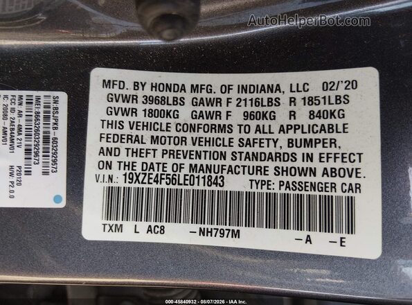 19XZE4F56LE011843 2020 HONDA INSIGHT Серый Вид подкапотного пространства