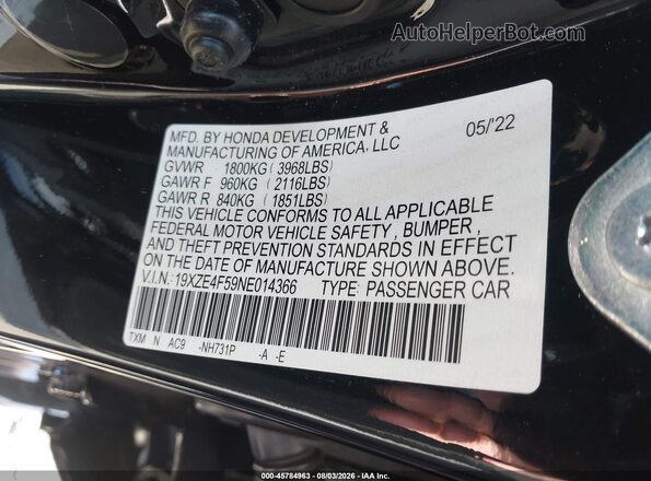 19XZE4F59NE014366 2022 HONDA INSIGHT Black Вид підкапотного простору