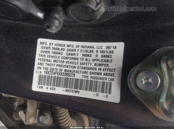 19XZE4F5XKE005378 2019 HONDA INSIGHT Gray Widok komory silnika