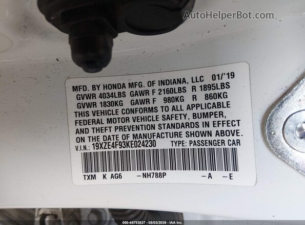 19XZE4F93KE024230 2019 HONDA INSIGHT White Vista del compartimento del motor