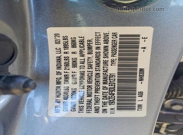 19XZE4F93LE012791 2020 HONDA INSIGHT Silver VIN sticker view