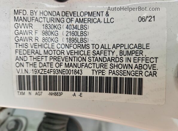 19XZE4F93NE001843 2022 HONDA INSIGHT White Շարժիչի բաժամունքի տեսք