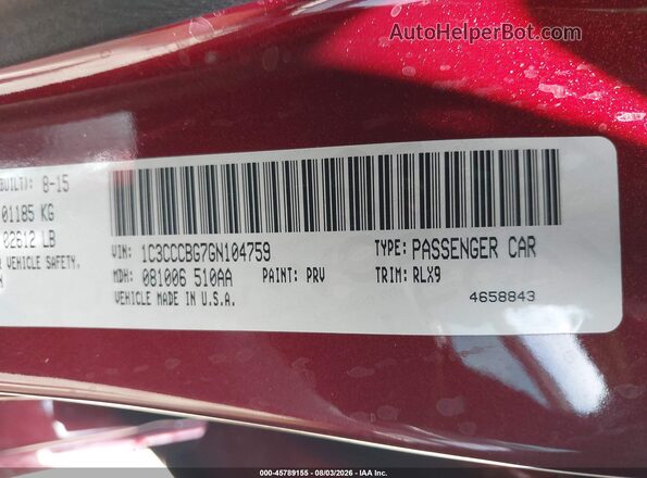 1C3CCCBG7GN104759 2016 CHRYSLER 200 Красный Вид подкапотного пространства