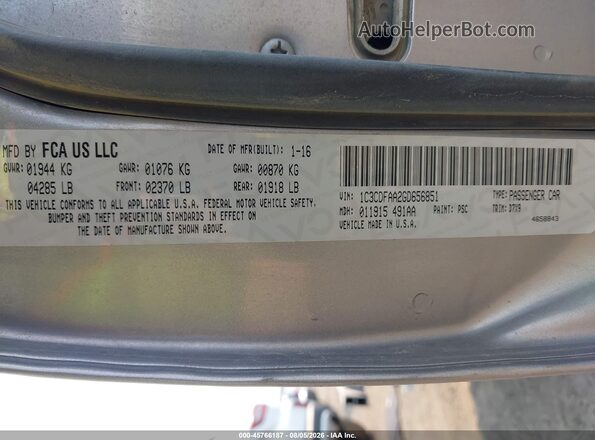 1C3CDFAA2GD656851 2016 DODGE DART Gray Вид підкапотного простору