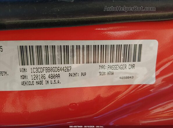 1C3CDFBB0GD644267 2016 DODGE DART Orange Engine compartment view