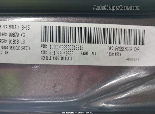 1C3CDFBB6GD518012 2016 DODGE DART Gray Engine compartment view