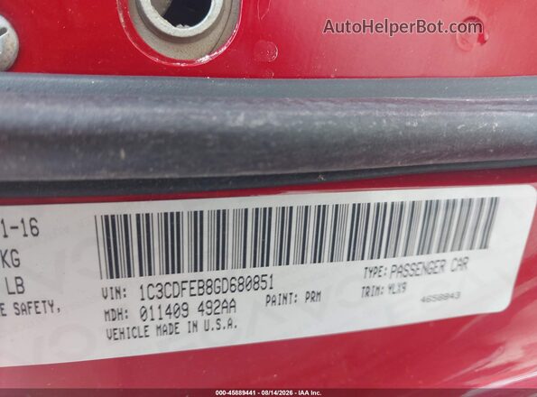 1C3CDFEB8GD680851 2016 DODGE DART Red Շարժիչի բաժամունքի տեսք