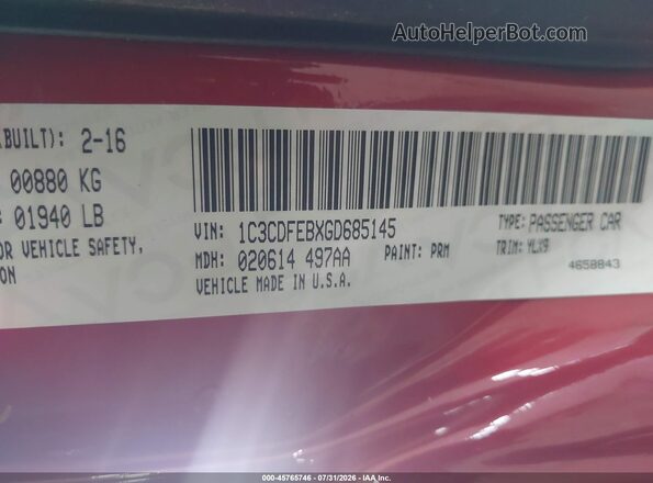 1C3CDFEBXGD685145 2016 DODGE DART Red Widok komory silnika