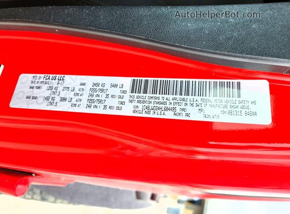 1C4BJWDG4HL684495 2017 JEEP WRANGLER Red Vista de la etiqueta del VIN