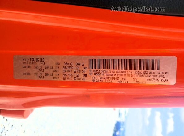 1C4HJXDG4KW679013 2019 JEEP WRANGLER Orange Вид підкапотного простору