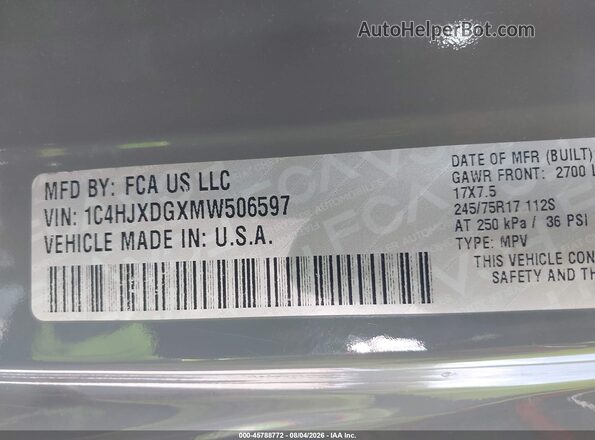 1C4HJXDGXMW506597 2021 JEEP WRANGLER UNLIMITED Серый Вид подкапотного пространства