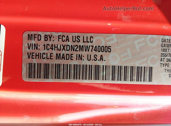 1C4HJXDN2MW740005 2021 JEEP WRANGLER UNLIMITED Красный Вид подкапотного пространства