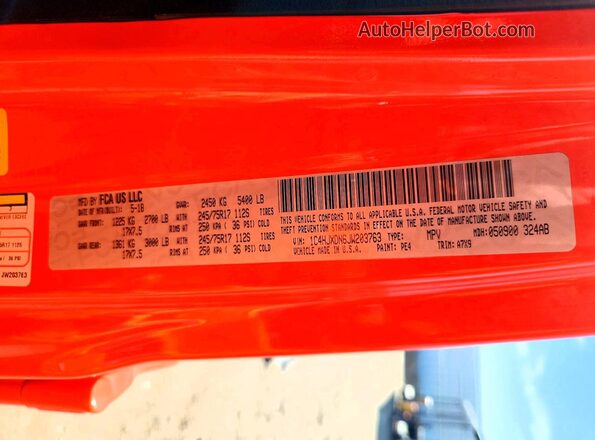1C4HJXDN6JW203763 2018 JEEP WRANGLER Оранжевый Вид подкапотного пространства