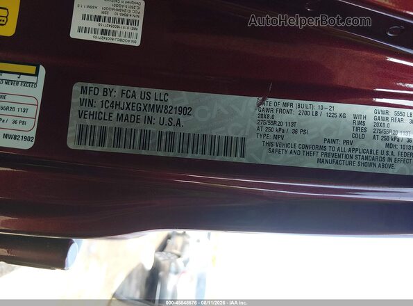 1C4HJXEGXMW821902 2021 JEEP WRANGLER UNLIMITED Burgundy ძრავის განყოფილების ხედი