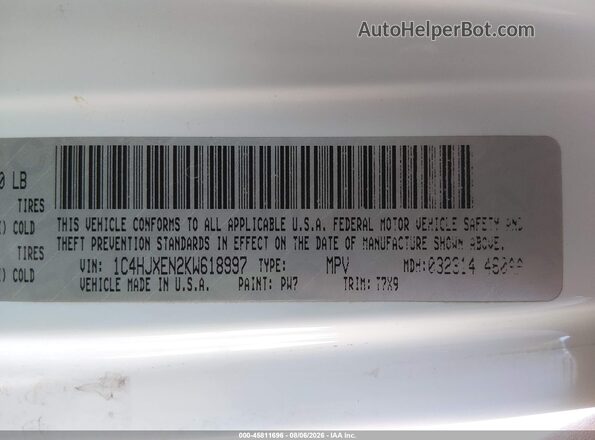 1C4HJXEN2KW618997 2019 JEEP WRANGLER UNLIMITED White Շարժիչի բաժամունքի տեսք