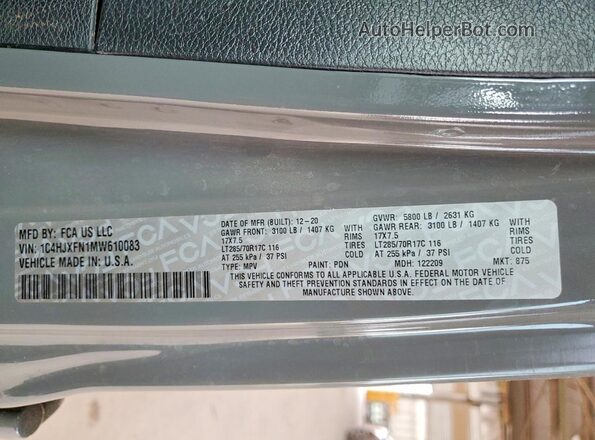 1C4HJXFN1MW610083 2021 JEEP WRANGLER Gray Շարժիչի բաժամունքի տեսք