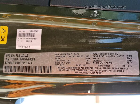 1C4HJXFN8MW764824 2021 JEEP WRANGLER Green ძრავის განყოფილების ხედი
