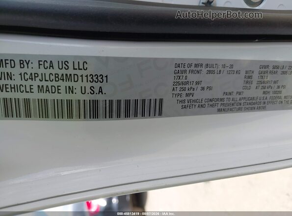 1C4PJLCB4MD113331 2021 JEEP CHEROKEE White Vista del compartimento del motor