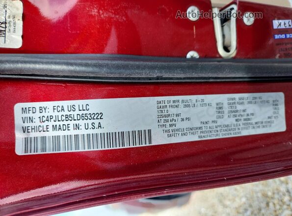 1C4PJLCB5LD653222 2020 JEEP CHEROKEE Red Widok naklejki z numerem VIN