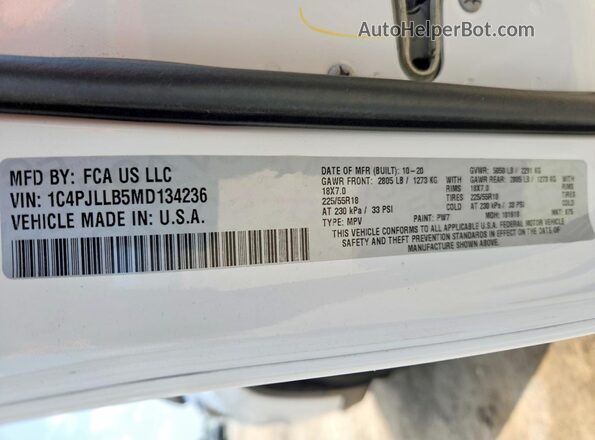 1C4PJLLB5MD134236 2021 JEEP CHEROKEE White VIN კოდის სტიკერის ხედი