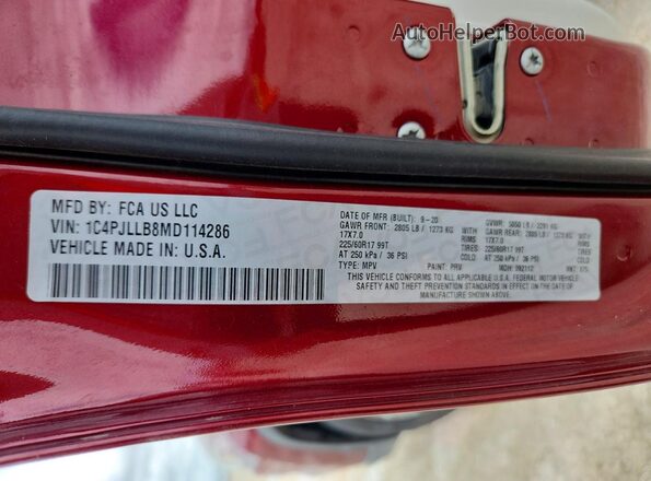 1C4PJLLB8MD114286 2021 JEEP CHEROKEE Red Vista del compartimento del motor